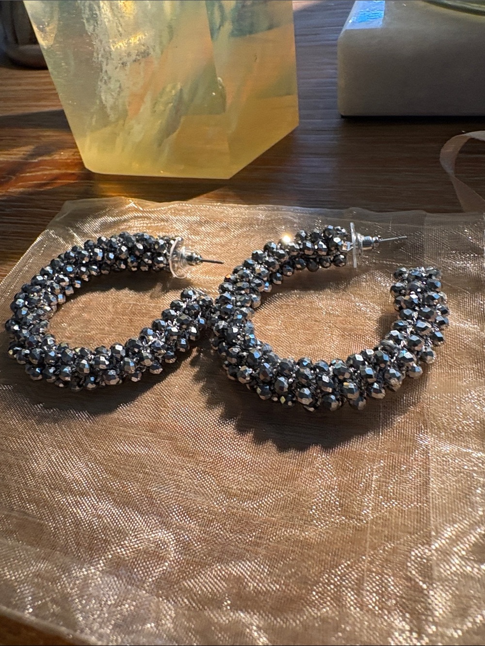 Heidi Daus Hematite Crystal Cluster Hoop Earrings - NIB - 2”